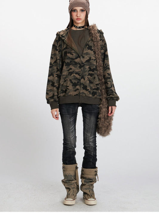 Y2K Vintage Aesthetic Camo Zip-Up Hoodie