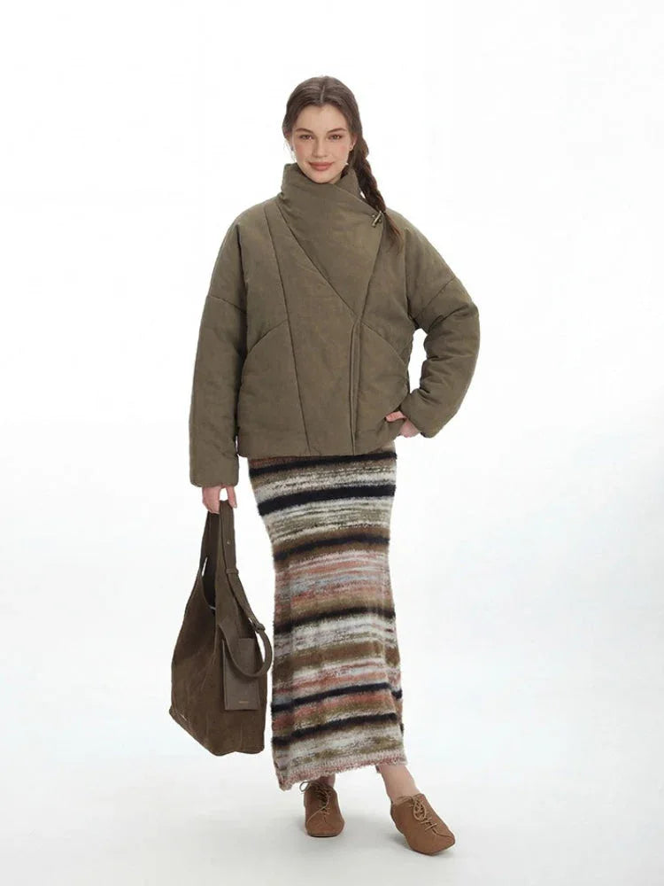 Vintage Olive Asymmetric Stand Collar Padded Jacket - TEVQA