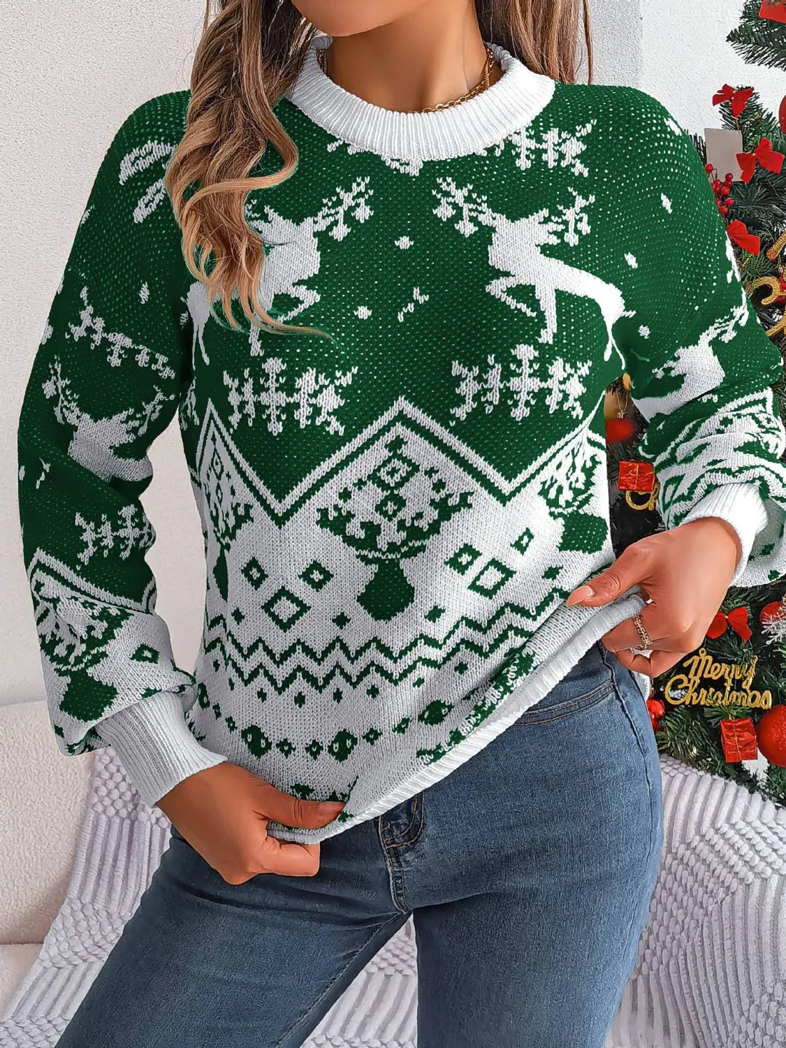 Classic Red Fair Isle Reindeer Christmas Sweater - View 9 | TEVQA