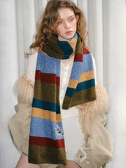 Retro Striped Knit Scarf Planet Motif Multi