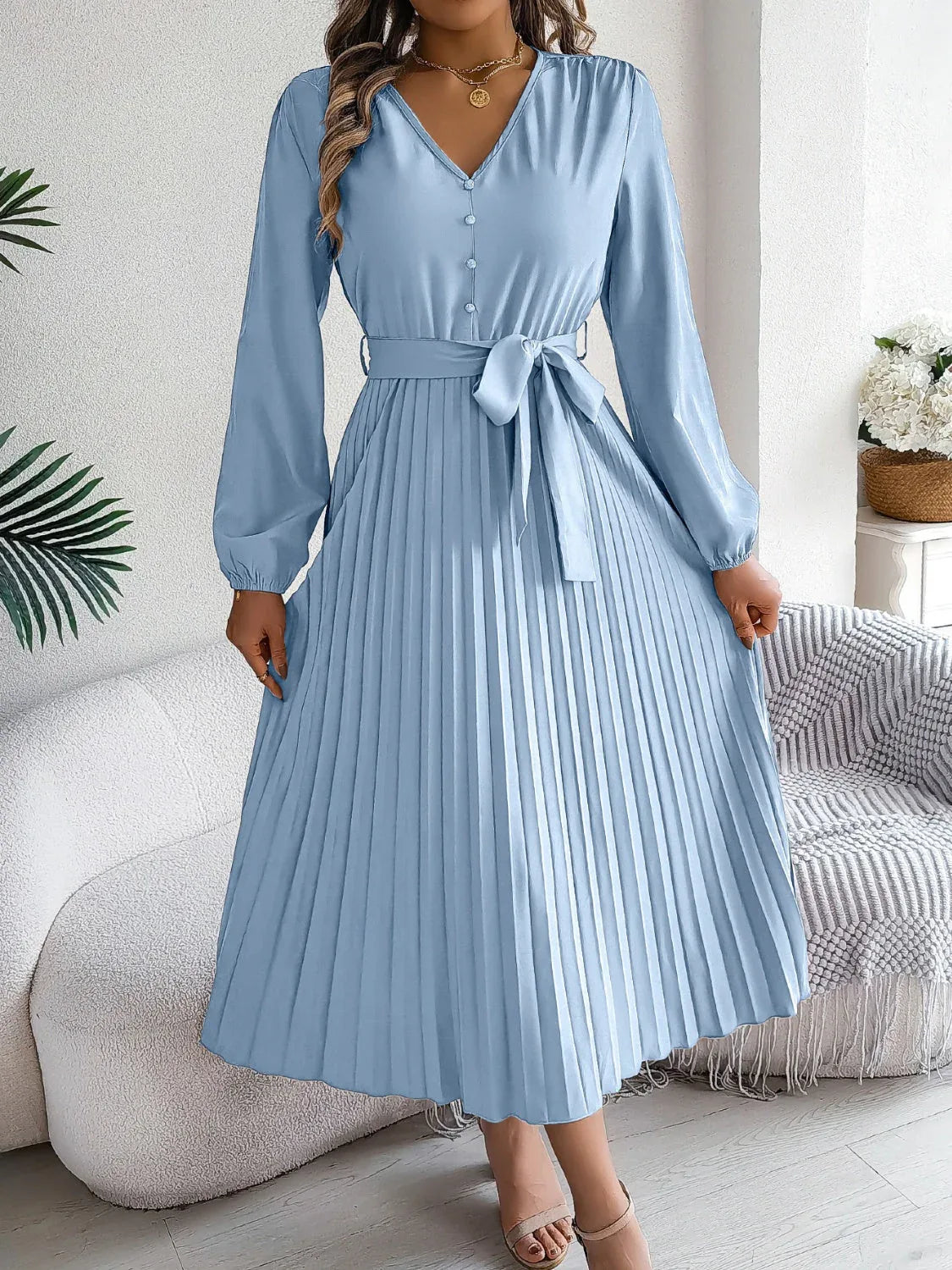 Vintage Khaki V-Neck Pleated Maxi Dress - TEVQA