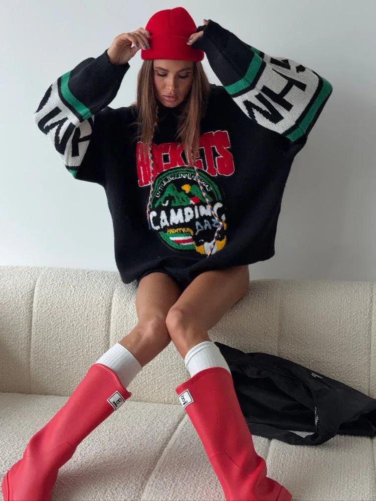 Oversized knit hoodie with graphic print and hood - View 9 | TEVQA
