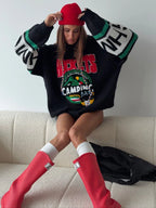 Oversized knit hoodie with graphic print and hood - View 9 | TEVQA