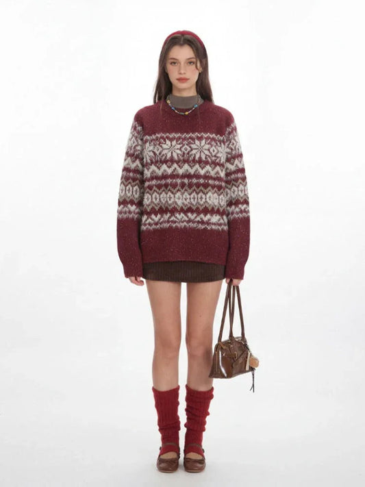 Vintage Burgundy Fair Isle Knit Sweater - TEVQA