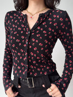 Vintage Floral Ribbed Knit Button-Up Cardigan