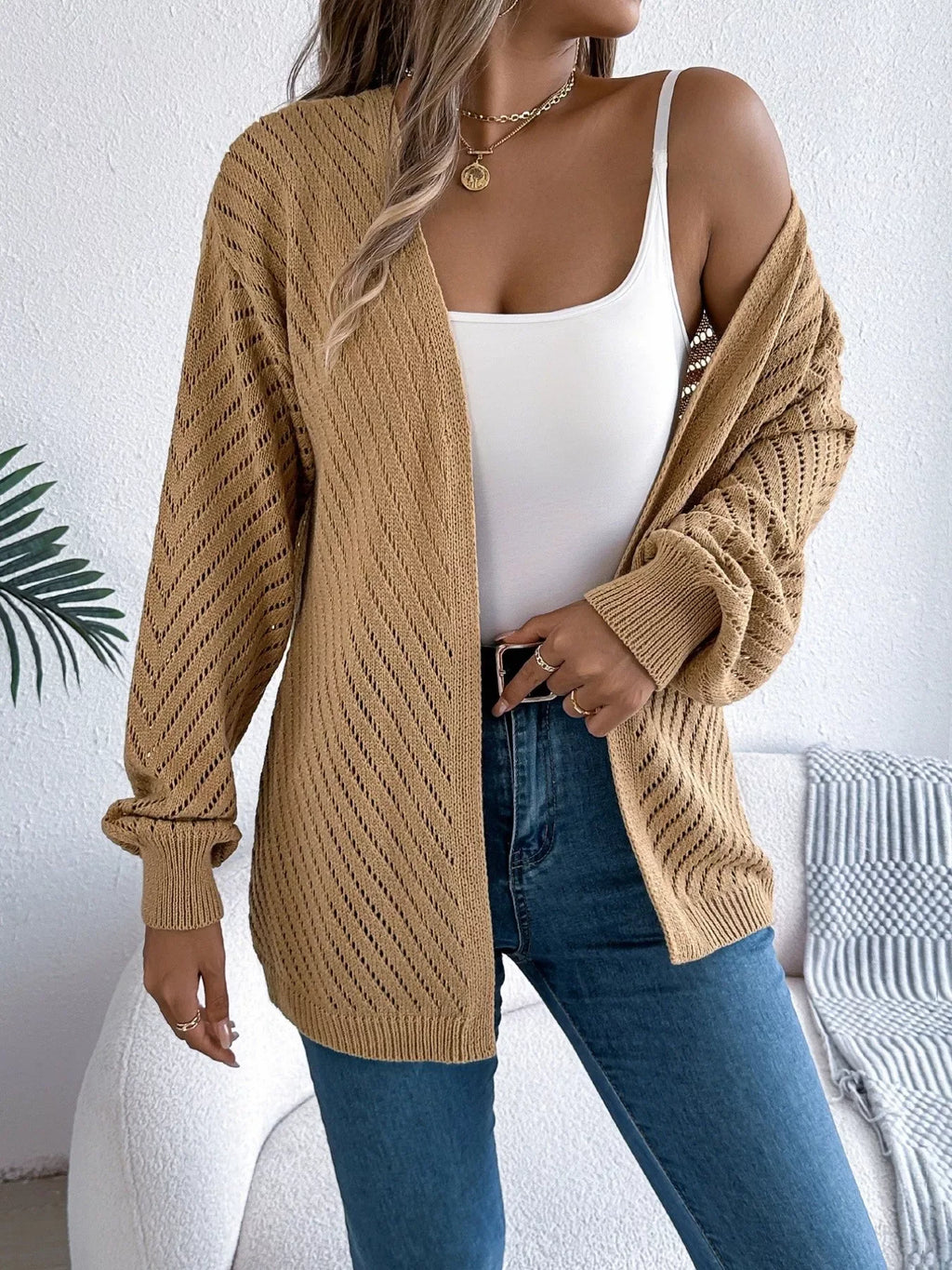 Ethereal White Pointelle Knit Cardigan - View 13 | TEVQA