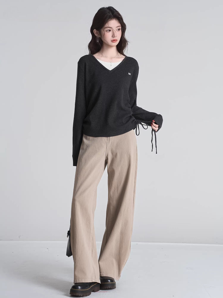 V-Neck Knit Top with Ruched Side Detail - View 6 | TEVQA