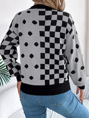 Chic Gray Polka Dot & Checkerboard Knit Sweater