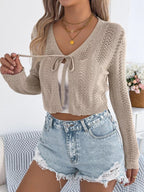 Pointelle Tie-Front Cardigan - View 10 | TEVQA