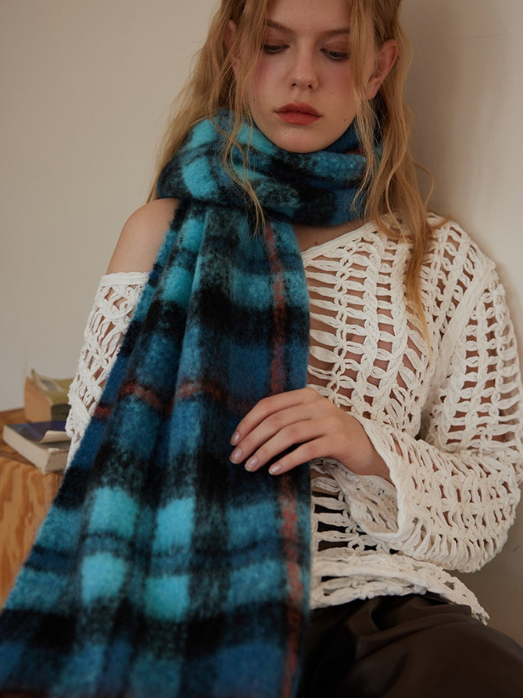 Acubi Style Blue & Teal Plaid Scarf