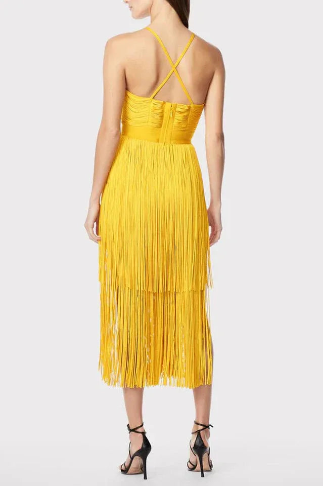 Yellow fringe dress back view