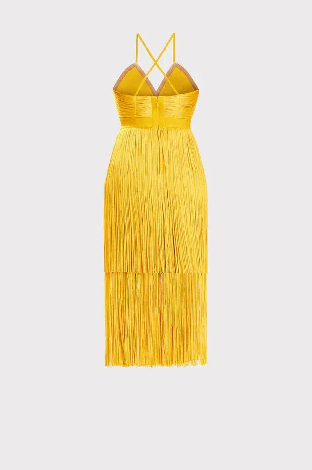 Yellow fringe dress back flat lay