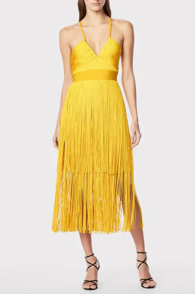 Yellow fringe dress front view