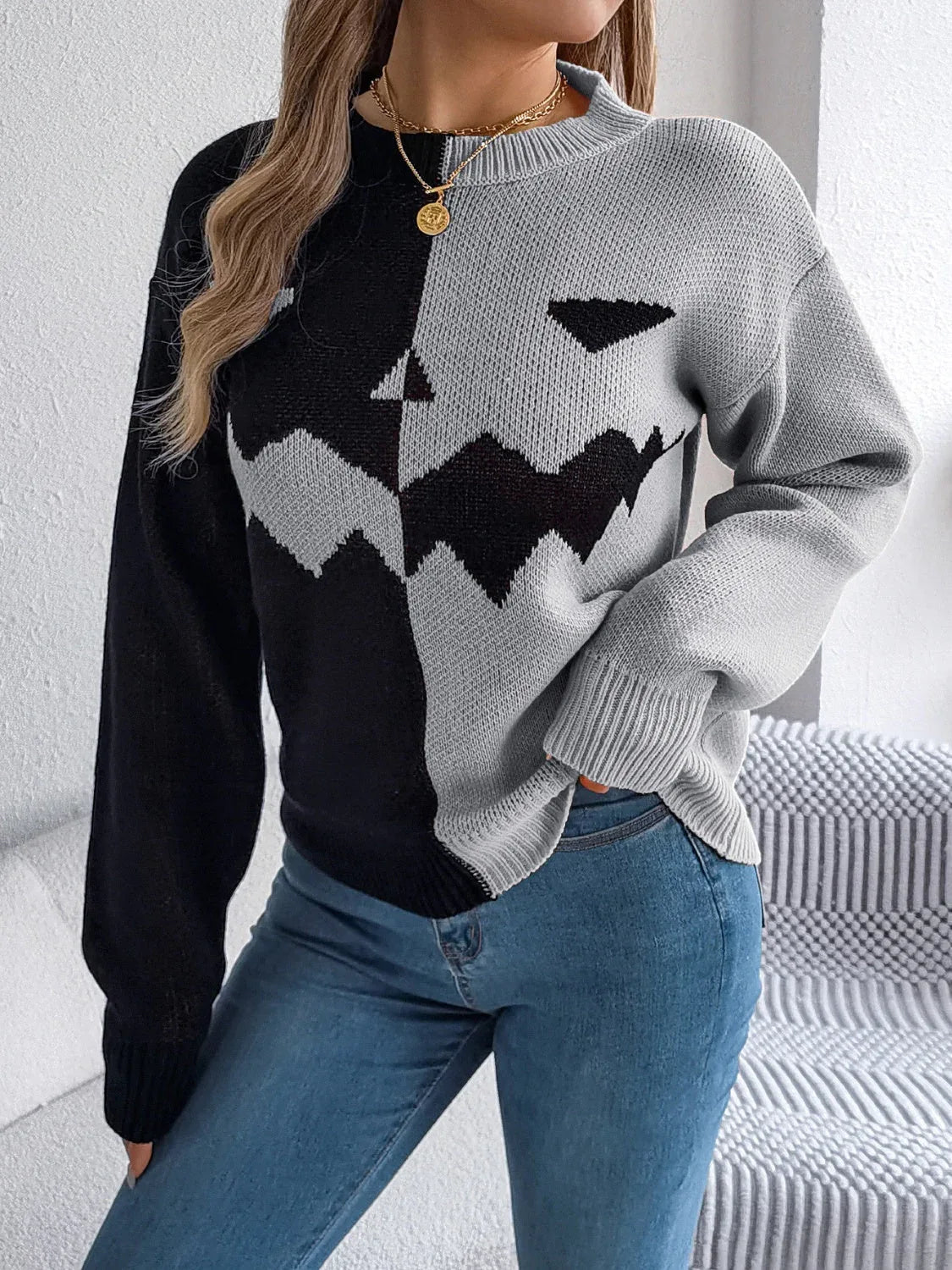 Spooky Chic Split Color Block Pumpkin Sweater - TEVQA