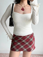 White Textured Square Neck Long Sleeve Flare Top