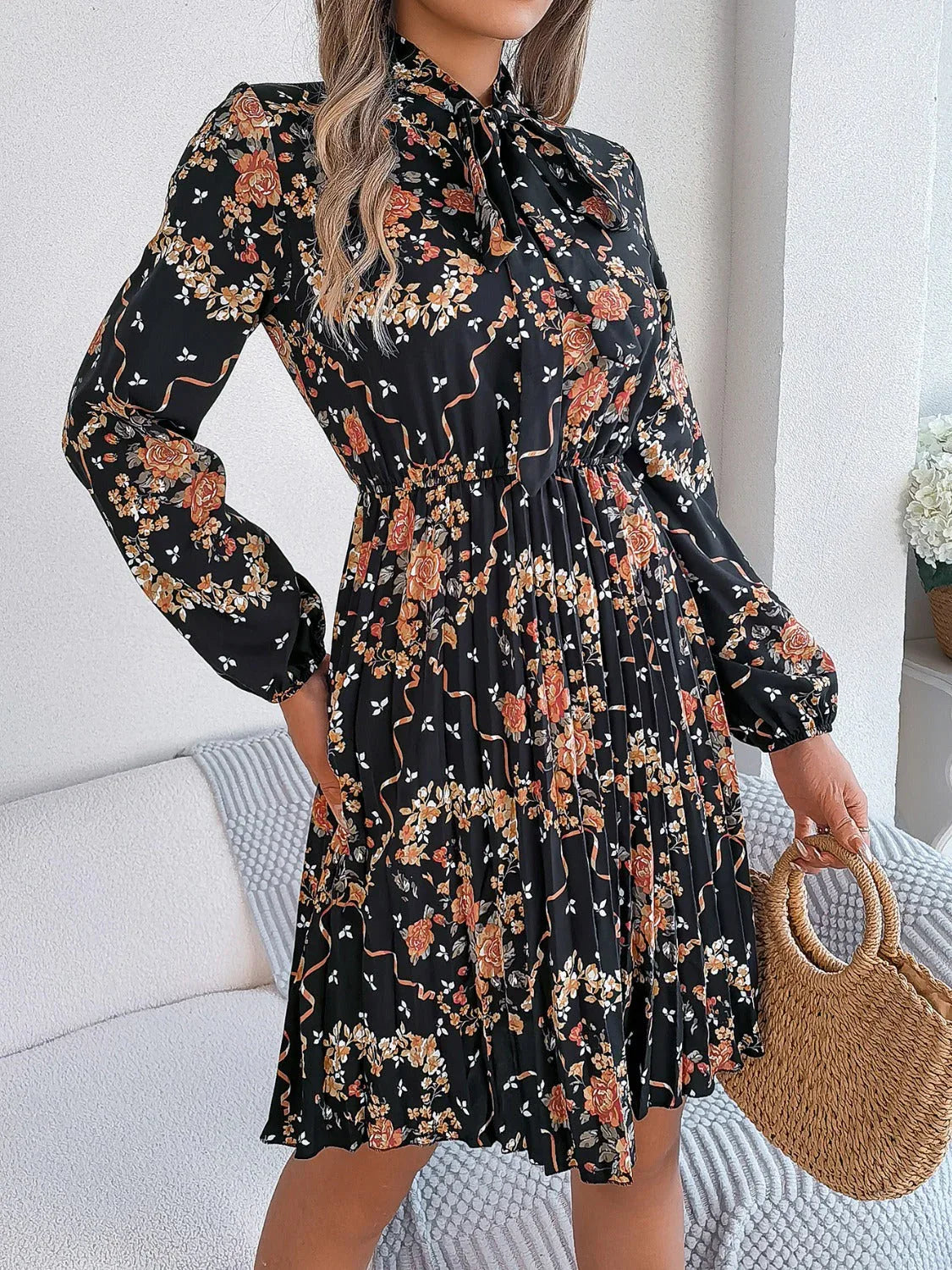 Vintage Pink Floral Pleated Dress - TEVQA