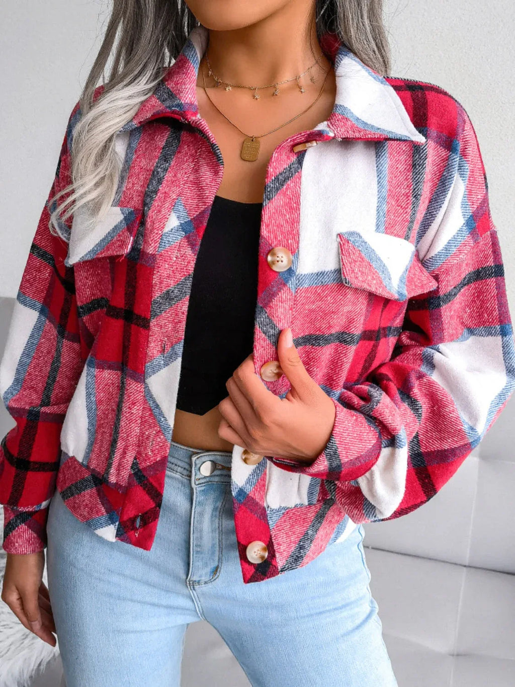 Plaid wool blend cropped shacket with lantern sleeves - View 16 | TEVQA