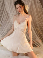 Embroidered Sheer Lace Satin Slip Dress - TEVQA