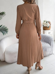 Vintage Khaki V-Neck Pleated Maxi Dress - TEVQA