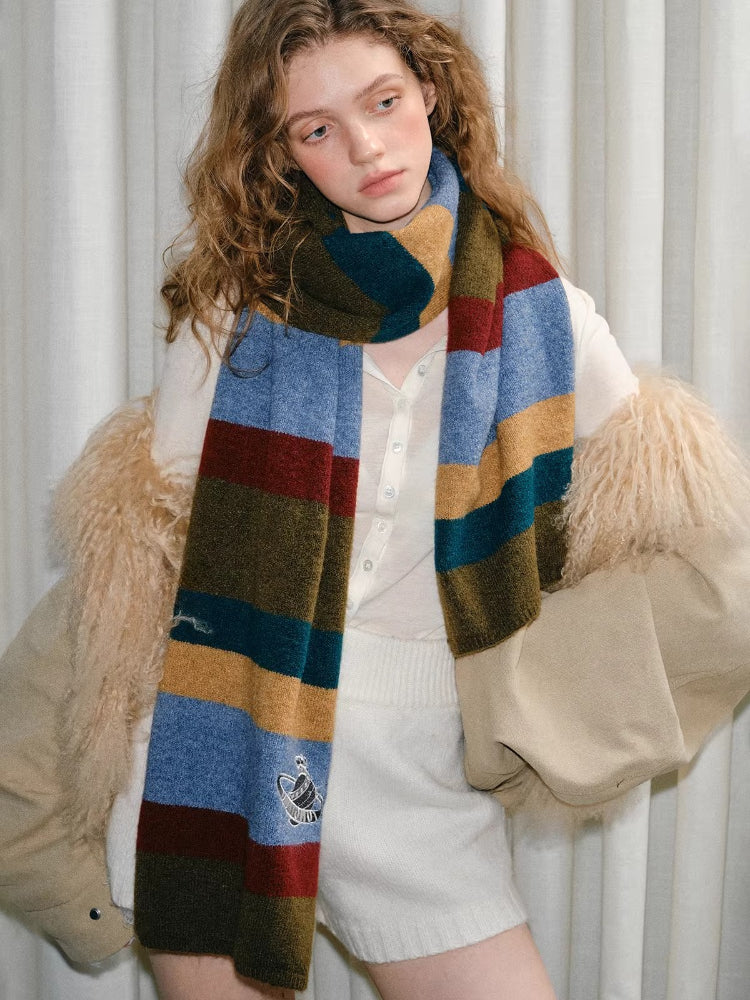 Retro Striped Knit Scarf Planet Motif Multi