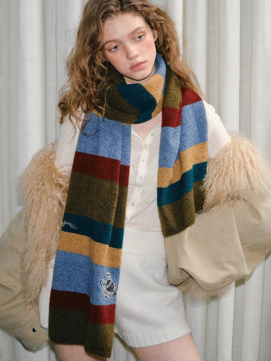 Retro Striped Knit Scarf Planet Motif Multi