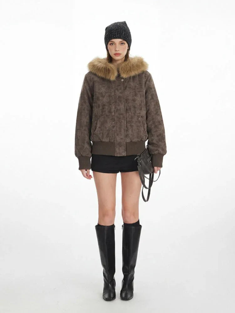 Y2K Brown Star Quilted Puffer Jacket - TEVQA Main image