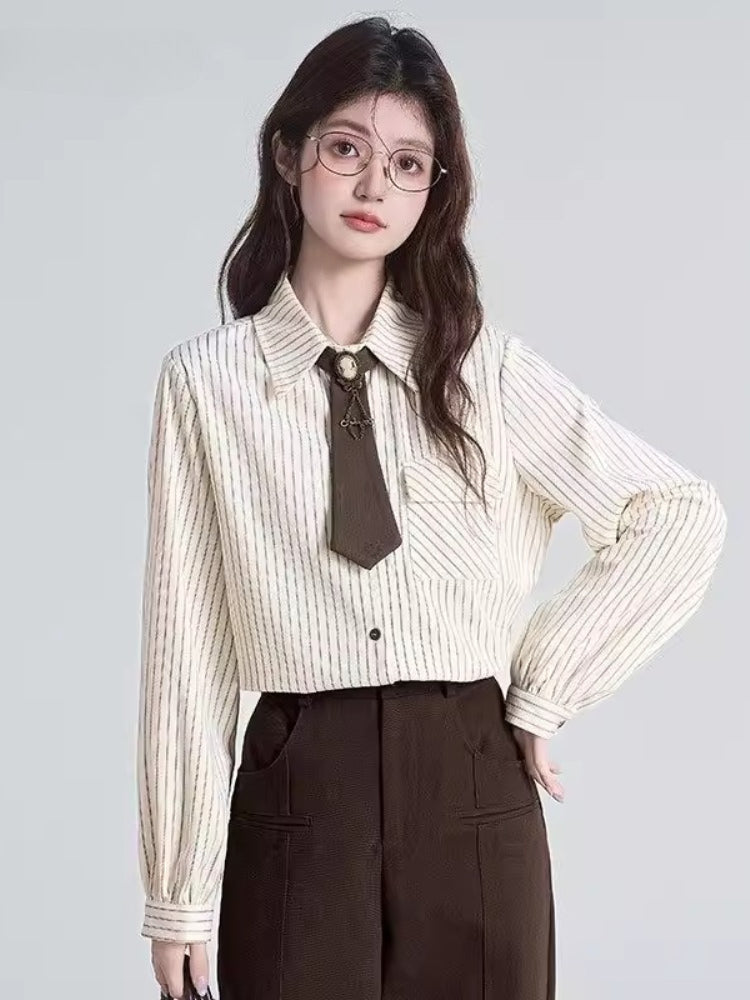 Striped button up shirt with tie - View 6 | TEVQA