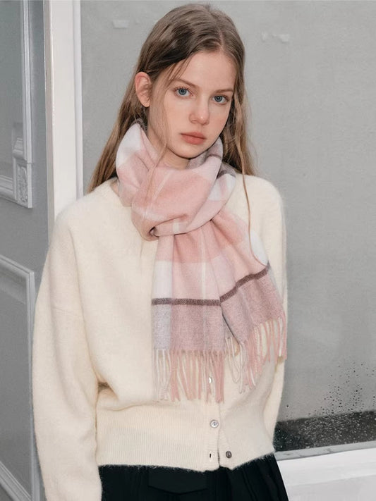 Pink Plaid 100% Lambswool Scarf with Fringe