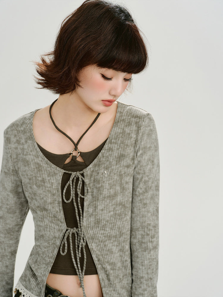 Vintage Tie-Dye Tie-Front Ribbed Cardigan Grey