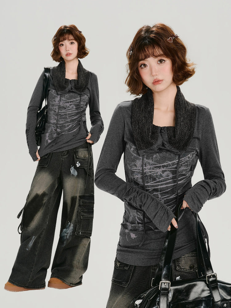 Vintage Graphic Slim Long Sleeve Top with Textured Collar - Dark Grey