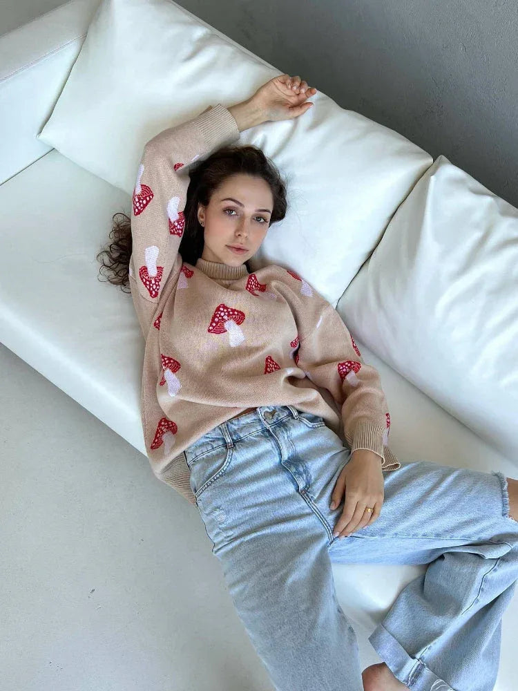 Whimsical Mushroom Oversized Crewneck Sweater - TEVQA