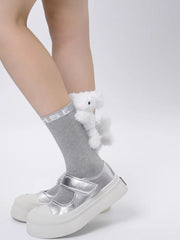 Black Cotton Mid-Calf Socks with 3D Fluffy White Bunny