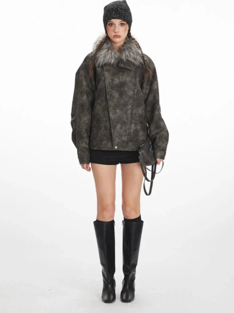Vintage Distressed Faux Suede Biker Jacket - TEVQA Main image