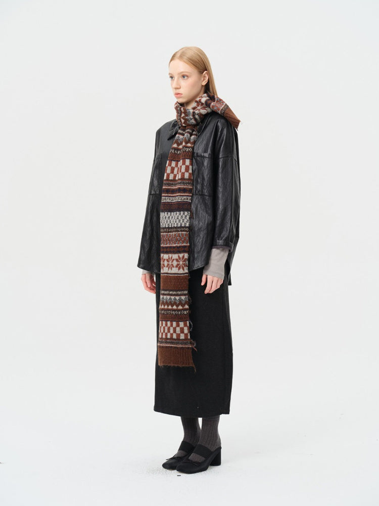 Vintage Fair Isle Jacquard Knit Scarf Wool Blend Raw Edge - Brown Pattern