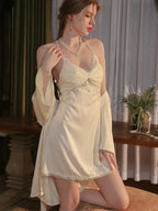 Vintage Cream | Twist-Front Lace & Mesh Satin Robe Set - TEVQA