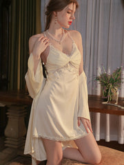 Vintage Cream | Twist-Front Lace & Mesh Satin Robe Set