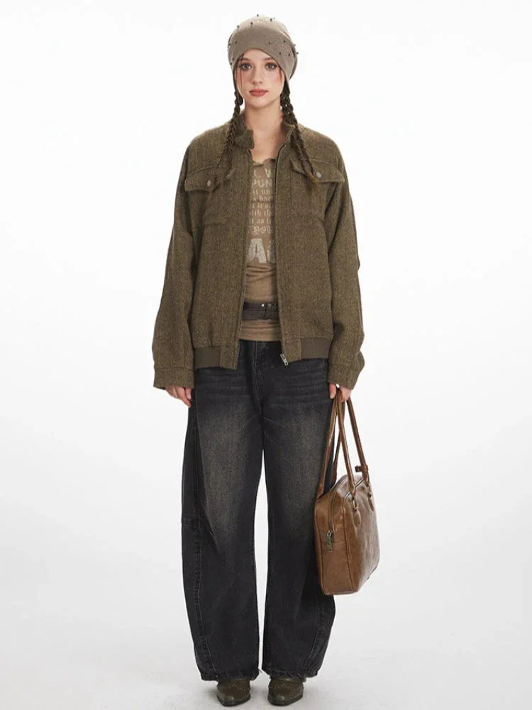 Vintage Herringbone Tweed Zip Jacket - TEVQA