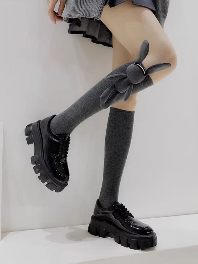 3D Rabbit Plush Ribbed Knee High Socks Grey