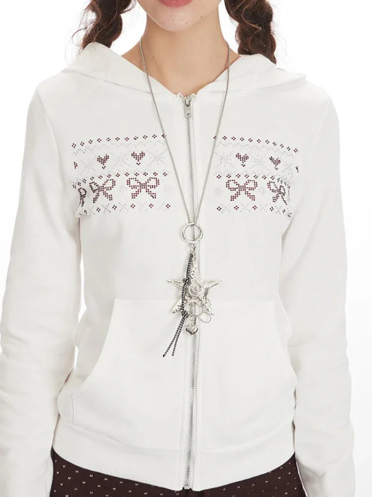 Coquette Aesthetic Rhinestone Bow Zip-Up Hoodie - TEVQA