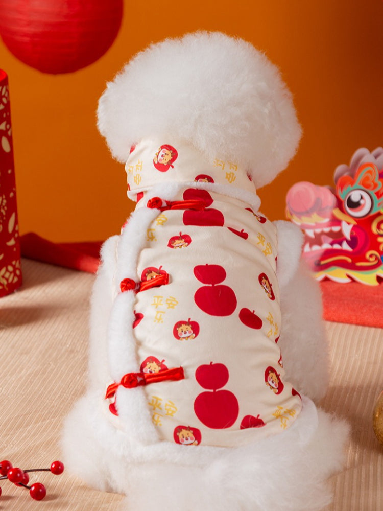 Back view of a white Bichon Frise dog wearing a cream and red traditional Chinese style vest with apple and cartoon prints.