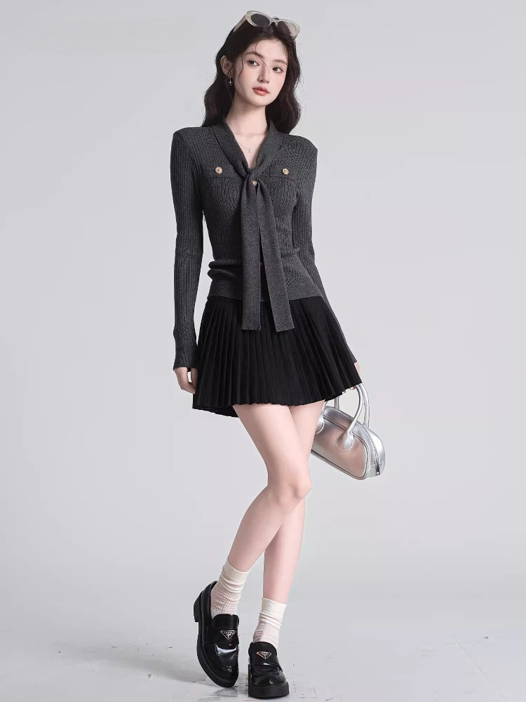 Tie-Neck Ribbed Knit Top Dark Grey
