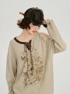 Vintage Asymmetric Cold Shoulder Graphic Top - Beige