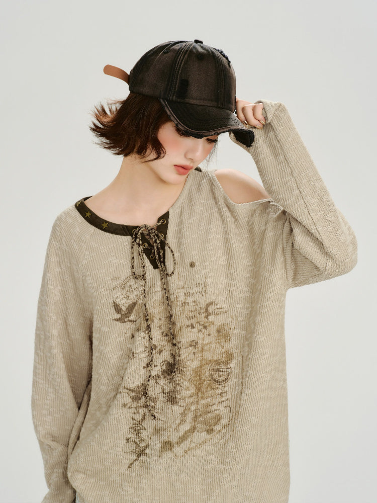 Vintage Asymmetric Cold Shoulder Graphic Top - Beige