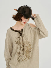 Vintage Asymmetric Cold Shoulder Graphic Top - Beige