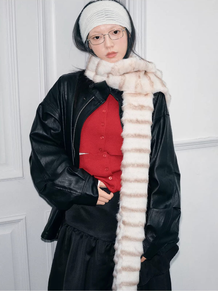 Plush faux fur winter scarf with horizontal stripe pattern - View 6 | TEVQA