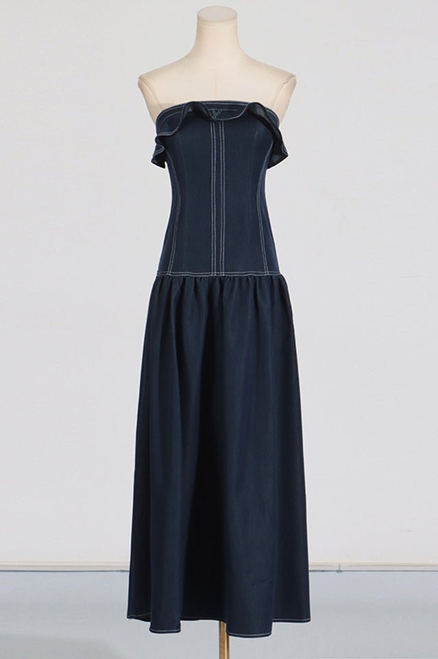 Denim Jumpsuit With Waistband - Tevqa