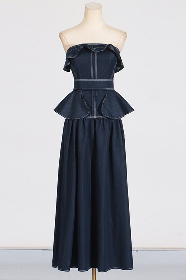 Denim Jumpsuit With Waistband - Tevqa