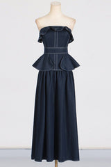 Denim Jumpsuit With Waistband - Tevqa