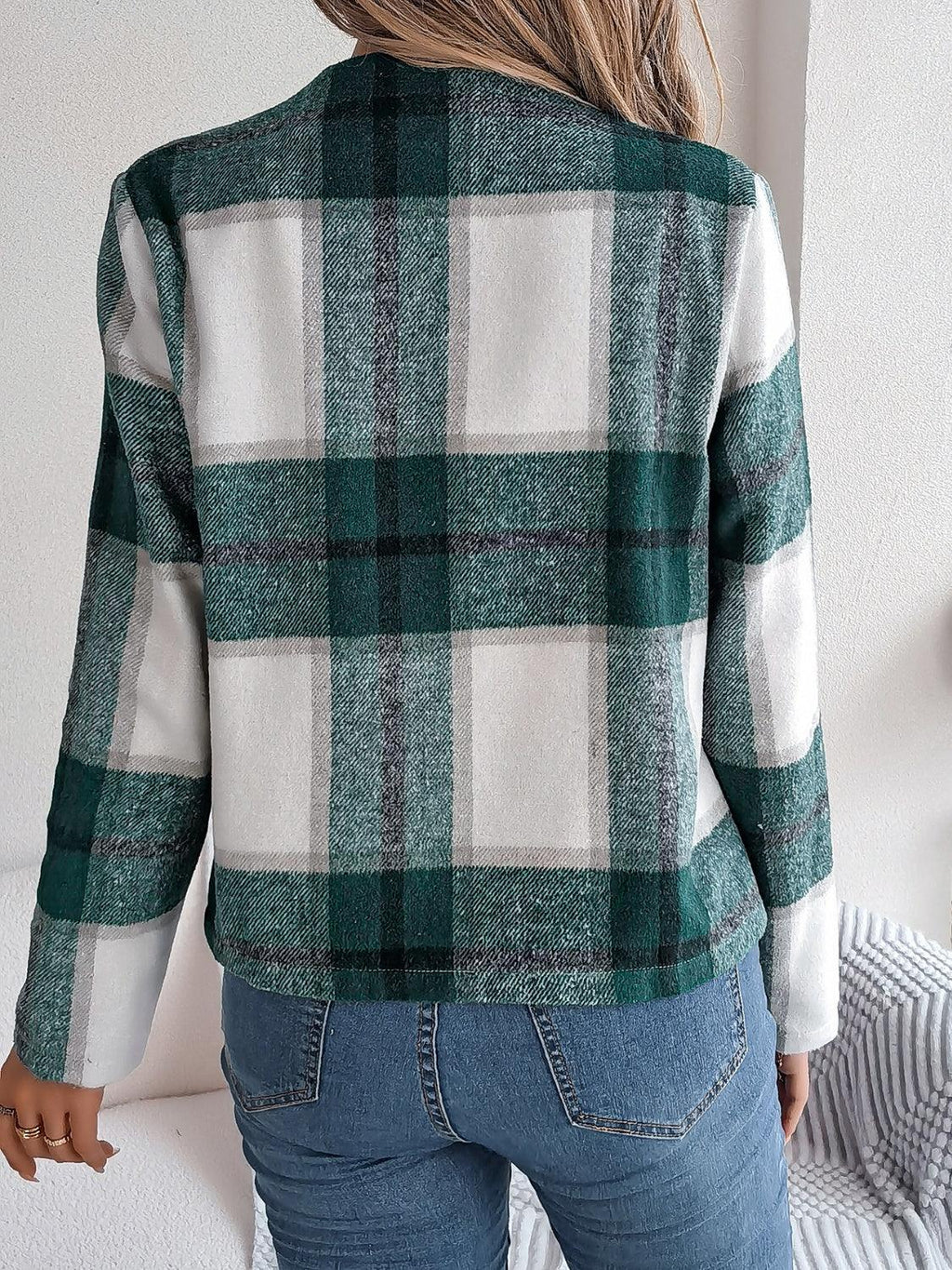Navy blue plaid cropped jacket - View 20 | TEVQA