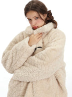 Cream Sherpa Toggle Coat with toggle closure and stand collar - View 6 | TEVQA